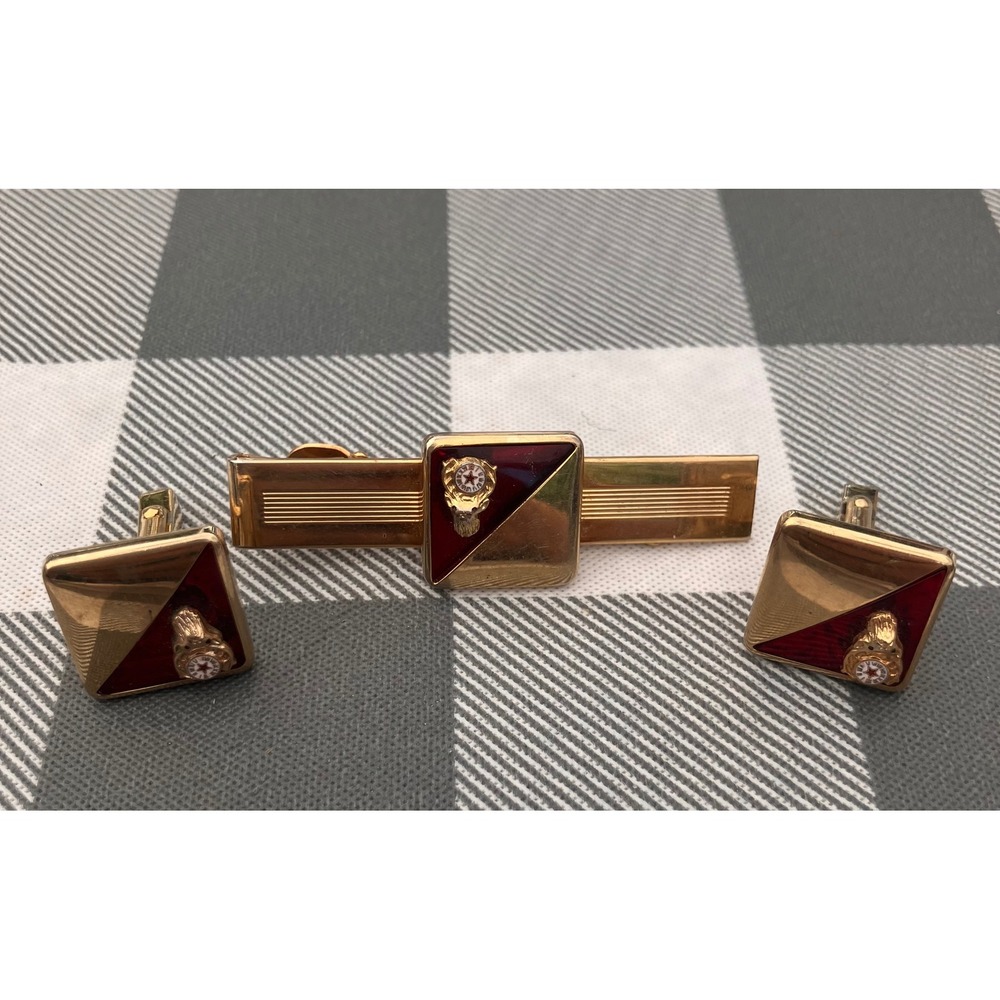 Vintage Anson Cufflinks Tie Bar Set Mens Red Fraternal Order Elks Enamel BPOE